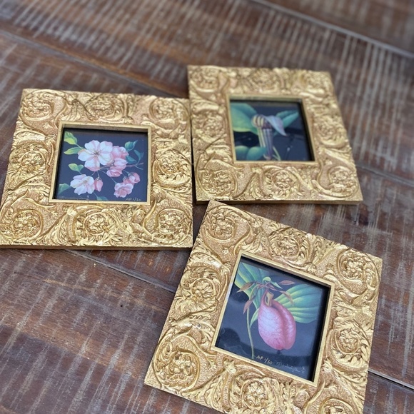 3 pieces of art by the same artist framed in gold tone ornate frames